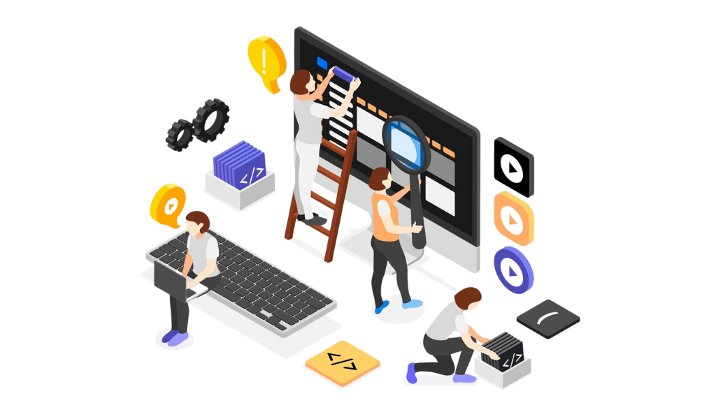 Ilustración de personas construyendo una página web paso a paso como guía completa.