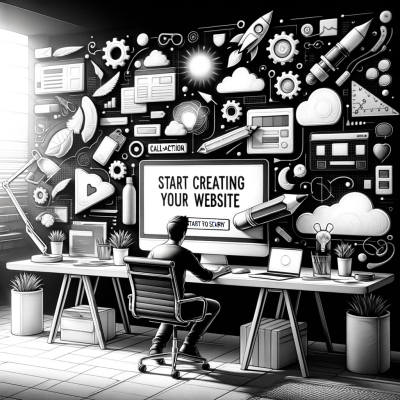 Ilustración creativa en blanco y negro de un diseñador creando una web en oficina digital